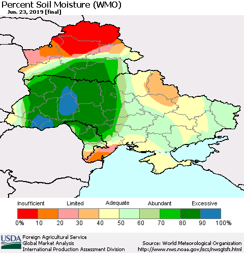 Ukraine, Moldova and Belarus Percent Soil Moisture (WMO) Thematic Map For 6/17/2019 - 6/23/2019