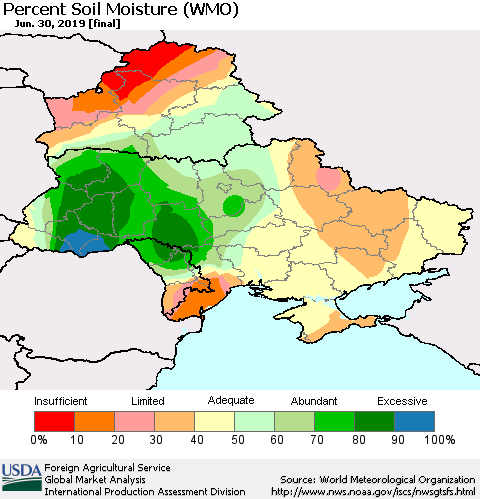 Ukraine, Moldova and Belarus Percent Soil Moisture (WMO) Thematic Map For 6/24/2019 - 6/30/2019