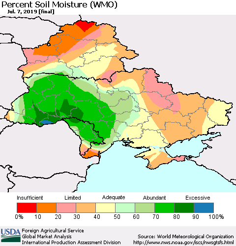 Ukraine, Moldova and Belarus Percent Soil Moisture (WMO) Thematic Map For 7/1/2019 - 7/7/2019