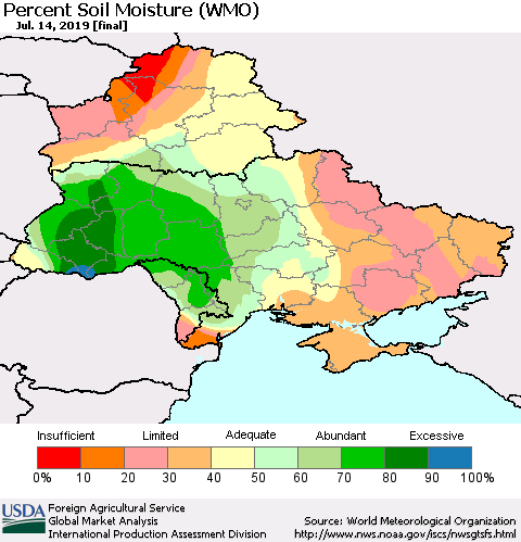 Ukraine, Moldova and Belarus Percent Soil Moisture (WMO) Thematic Map For 7/8/2019 - 7/14/2019