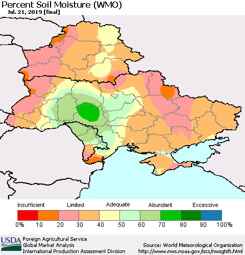 Ukraine, Moldova and Belarus Percent Soil Moisture (WMO) Thematic Map For 7/15/2019 - 7/21/2019