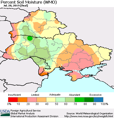 Ukraine, Moldova and Belarus Percent Soil Moisture (WMO) Thematic Map For 7/22/2019 - 7/28/2019