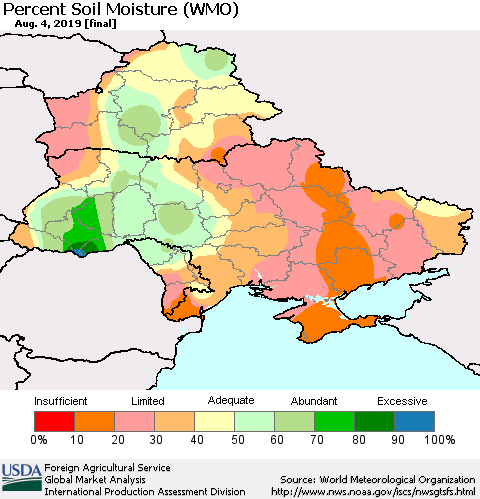 Ukraine, Moldova and Belarus Percent Soil Moisture (WMO) Thematic Map For 7/29/2019 - 8/4/2019