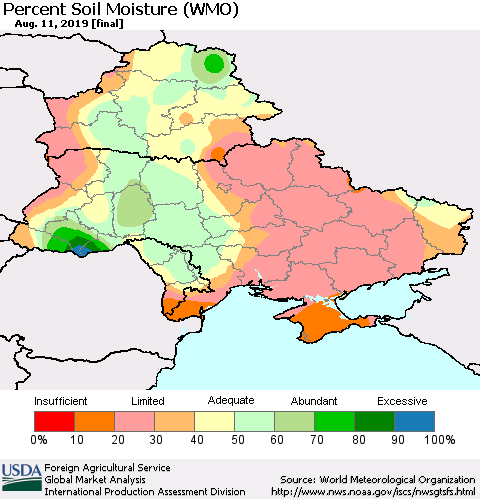 Ukraine, Moldova and Belarus Percent Soil Moisture (WMO) Thematic Map For 8/5/2019 - 8/11/2019