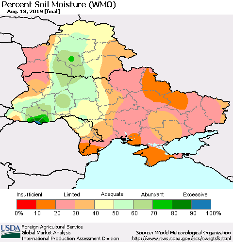 Ukraine, Moldova and Belarus Percent Soil Moisture (WMO) Thematic Map For 8/12/2019 - 8/18/2019