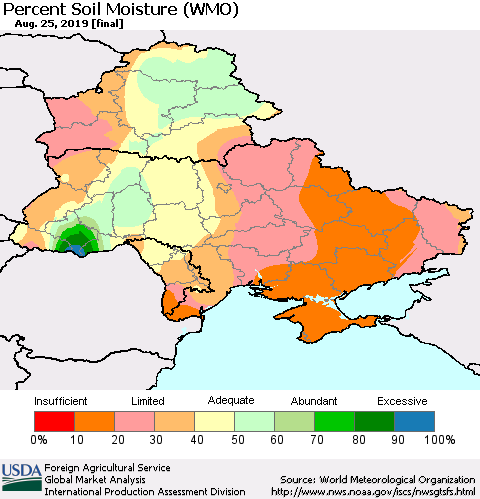 Ukraine, Moldova and Belarus Percent Soil Moisture (WMO) Thematic Map For 8/19/2019 - 8/25/2019