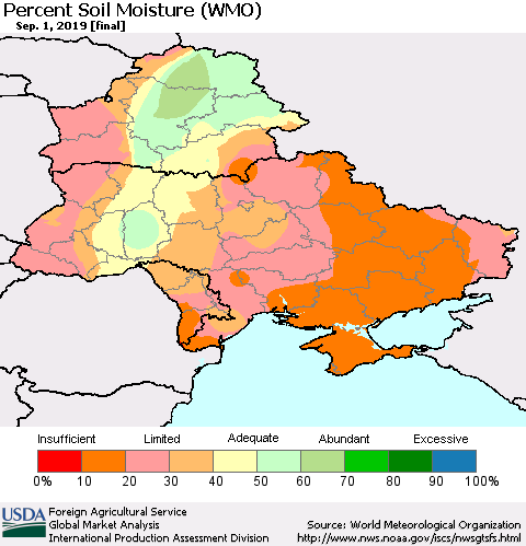 Ukraine, Moldova and Belarus Percent Soil Moisture (WMO) Thematic Map For 8/26/2019 - 9/1/2019