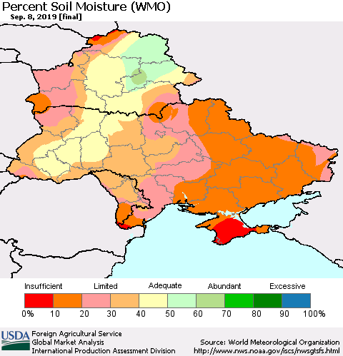 Ukraine, Moldova and Belarus Percent Soil Moisture (WMO) Thematic Map For 9/2/2019 - 9/8/2019
