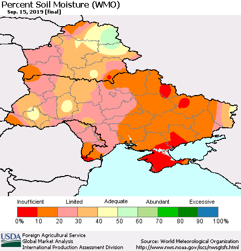 Ukraine, Moldova and Belarus Percent Soil Moisture (WMO) Thematic Map For 9/9/2019 - 9/15/2019