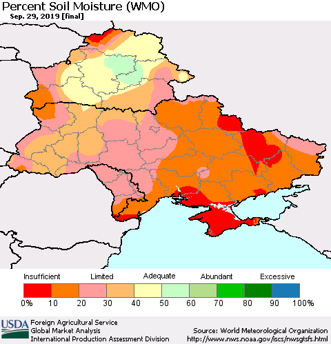 Ukraine, Moldova and Belarus Percent Soil Moisture (WMO) Thematic Map For 9/23/2019 - 9/29/2019