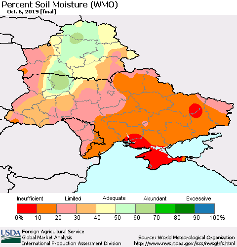 Ukraine, Moldova and Belarus Percent Soil Moisture (WMO) Thematic Map For 9/30/2019 - 10/6/2019
