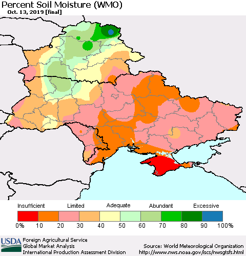Ukraine, Moldova and Belarus Percent Soil Moisture (WMO) Thematic Map For 10/7/2019 - 10/13/2019