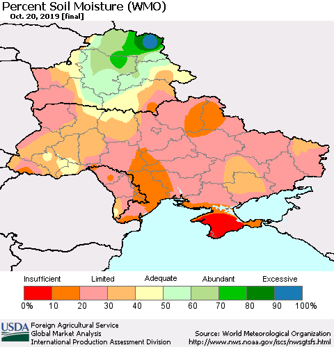 Ukraine, Moldova and Belarus Percent Soil Moisture (WMO) Thematic Map For 10/14/2019 - 10/20/2019