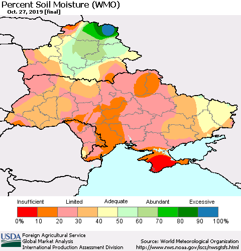Ukraine, Moldova and Belarus Percent Soil Moisture (WMO) Thematic Map For 10/21/2019 - 10/27/2019