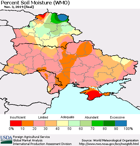 Ukraine, Moldova and Belarus Percent Soil Moisture (WMO) Thematic Map For 10/28/2019 - 11/3/2019