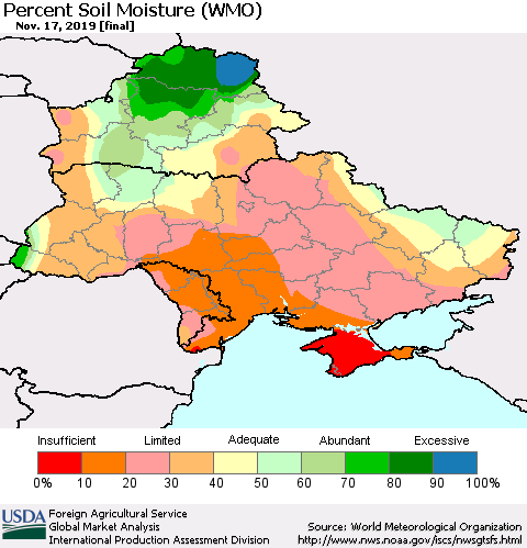Ukraine, Moldova and Belarus Percent Soil Moisture (WMO) Thematic Map For 11/11/2019 - 11/17/2019