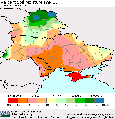 Ukraine, Moldova and Belarus Percent Soil Moisture (WMO) Thematic Map For 11/18/2019 - 11/24/2019