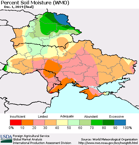 Ukraine, Moldova and Belarus Percent Soil Moisture (WMO) Thematic Map For 11/25/2019 - 12/1/2019