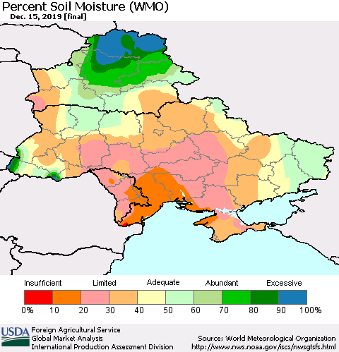 Ukraine, Moldova and Belarus Percent Soil Moisture (WMO) Thematic Map For 12/9/2019 - 12/15/2019