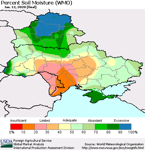 Ukraine, Moldova and Belarus Percent Soil Moisture (WMO) Thematic Map For 1/6/2020 - 1/12/2020