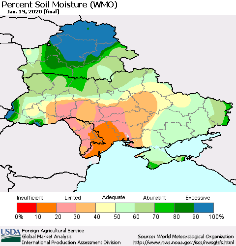 Ukraine, Moldova and Belarus Percent Soil Moisture (WMO) Thematic Map For 1/13/2020 - 1/19/2020