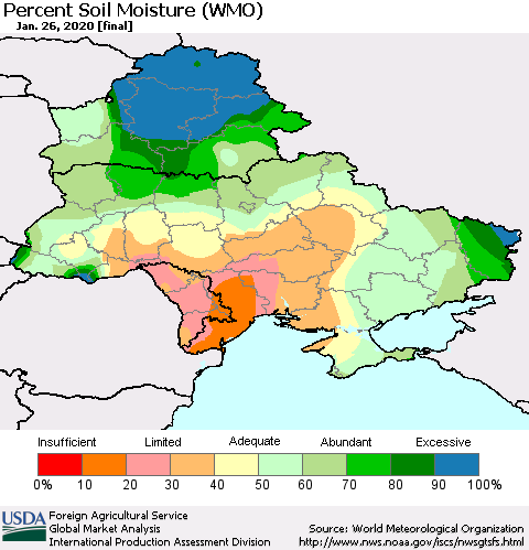 Ukraine, Moldova and Belarus Percent Soil Moisture (WMO) Thematic Map For 1/20/2020 - 1/26/2020