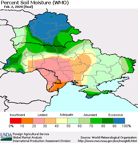 Ukraine, Moldova and Belarus Percent Soil Moisture (WMO) Thematic Map For 1/27/2020 - 2/2/2020