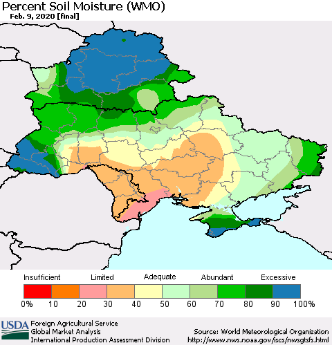 Ukraine, Moldova and Belarus Percent Soil Moisture (WMO) Thematic Map For 2/3/2020 - 2/9/2020