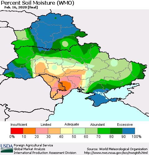 Ukraine, Moldova and Belarus Percent Soil Moisture (WMO) Thematic Map For 2/10/2020 - 2/16/2020