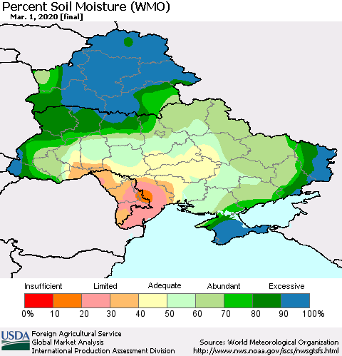 Ukraine, Moldova and Belarus Percent Soil Moisture (WMO) Thematic Map For 2/24/2020 - 3/1/2020
