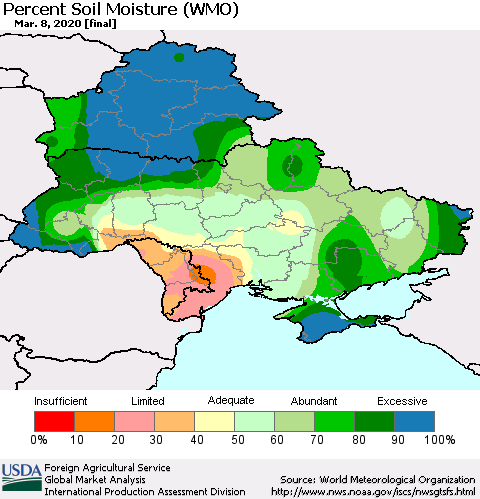 Ukraine, Moldova and Belarus Percent Soil Moisture (WMO) Thematic Map For 3/2/2020 - 3/8/2020
