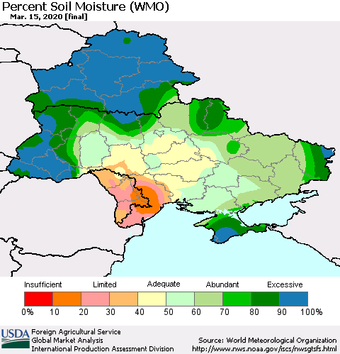 Ukraine, Moldova and Belarus Percent Soil Moisture (WMO) Thematic Map For 3/9/2020 - 3/15/2020