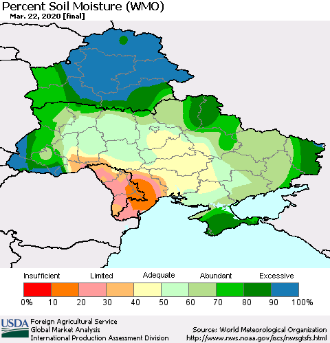 Ukraine, Moldova and Belarus Percent Soil Moisture (WMO) Thematic Map For 3/16/2020 - 3/22/2020