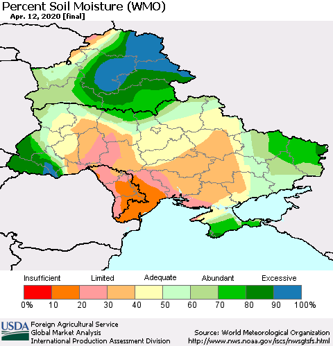 Ukraine, Moldova and Belarus Percent Soil Moisture (WMO) Thematic Map For 4/6/2020 - 4/12/2020