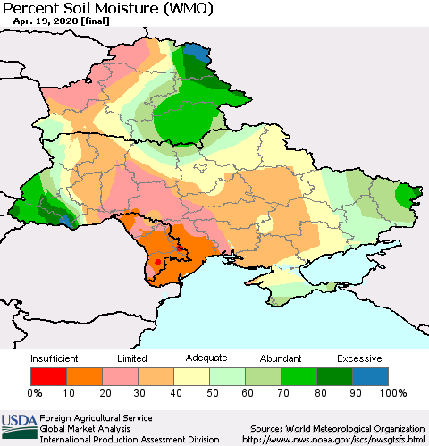 Ukraine, Moldova and Belarus Percent Soil Moisture (WMO) Thematic Map For 4/13/2020 - 4/19/2020