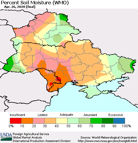 Ukraine, Moldova and Belarus Percent Soil Moisture (WMO) Thematic Map For 4/20/2020 - 4/26/2020