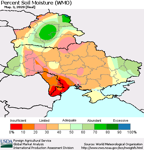Ukraine, Moldova and Belarus Percent Soil Moisture (WMO) Thematic Map For 4/27/2020 - 5/3/2020