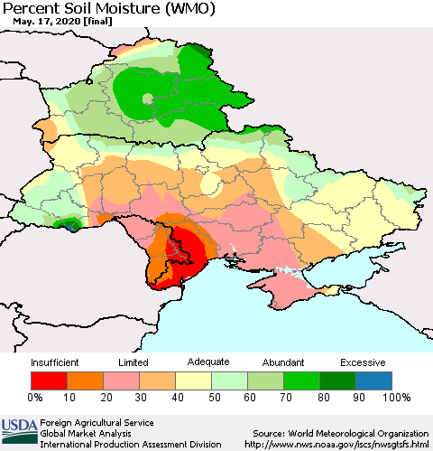 Ukraine, Moldova and Belarus Percent Soil Moisture (WMO) Thematic Map For 5/11/2020 - 5/17/2020