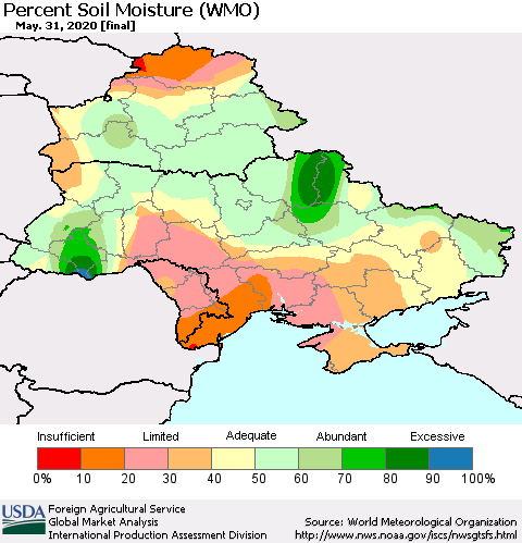 Ukraine, Moldova and Belarus Percent Soil Moisture (WMO) Thematic Map For 5/25/2020 - 5/31/2020