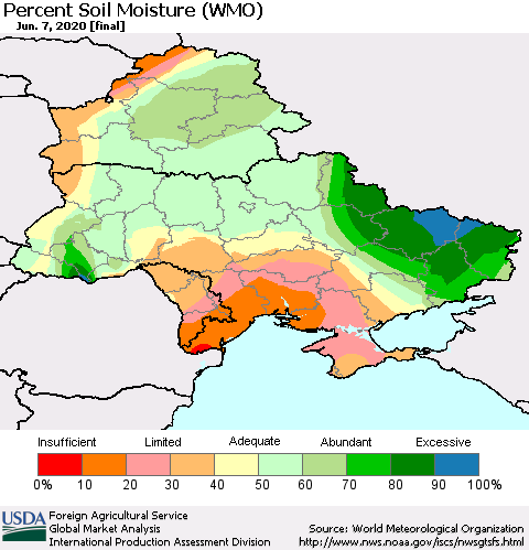 Ukraine, Moldova and Belarus Percent Soil Moisture (WMO) Thematic Map For 6/1/2020 - 6/7/2020