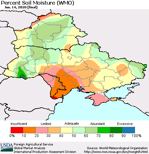 Ukraine, Moldova and Belarus Percent Soil Moisture (WMO) Thematic Map For 6/8/2020 - 6/14/2020