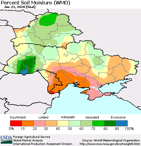 Ukraine, Moldova and Belarus Percent Soil Moisture (WMO) Thematic Map For 6/15/2020 - 6/21/2020