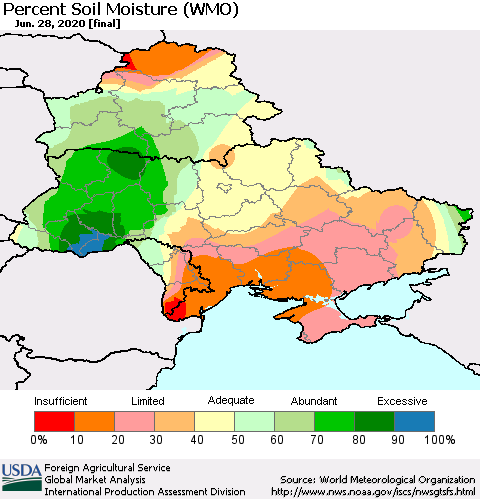 Ukraine, Moldova and Belarus Percent Soil Moisture (WMO) Thematic Map For 6/22/2020 - 6/28/2020
