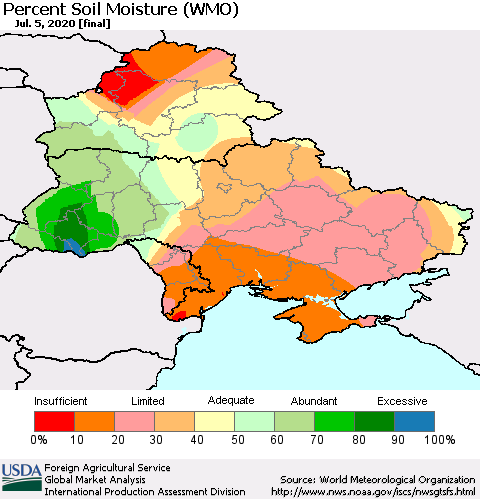 Ukraine, Moldova and Belarus Percent Soil Moisture (WMO) Thematic Map For 6/29/2020 - 7/5/2020