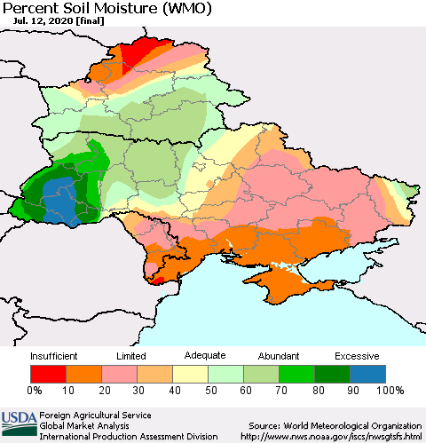 Ukraine, Moldova and Belarus Percent Soil Moisture (WMO) Thematic Map For 7/6/2020 - 7/12/2020