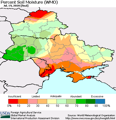 Ukraine, Moldova and Belarus Percent Soil Moisture (WMO) Thematic Map For 7/13/2020 - 7/19/2020