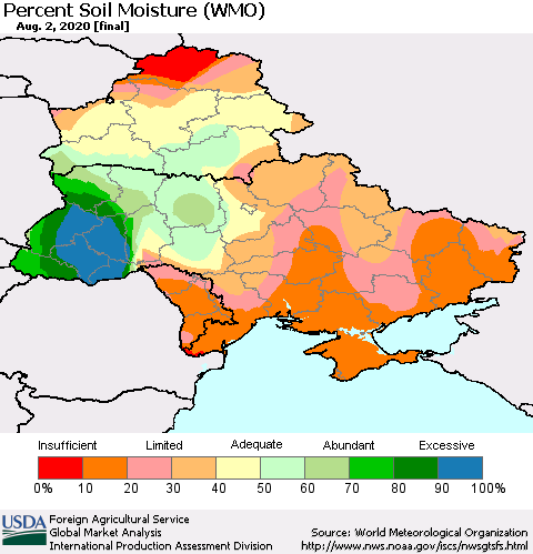 Ukraine, Moldova and Belarus Percent Soil Moisture (WMO) Thematic Map For 7/27/2020 - 8/2/2020