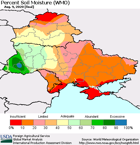 Ukraine, Moldova and Belarus Percent Soil Moisture (WMO) Thematic Map For 8/3/2020 - 8/9/2020