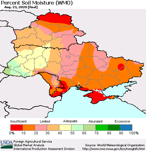 Ukraine, Moldova and Belarus Percent Soil Moisture (WMO) Thematic Map For 8/17/2020 - 8/23/2020