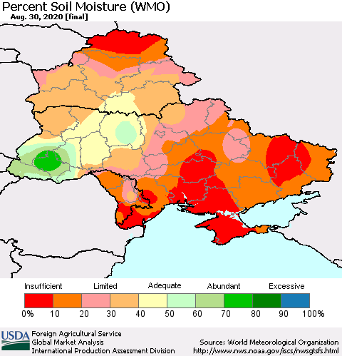 Ukraine, Moldova and Belarus Percent Soil Moisture (WMO) Thematic Map For 8/24/2020 - 8/30/2020